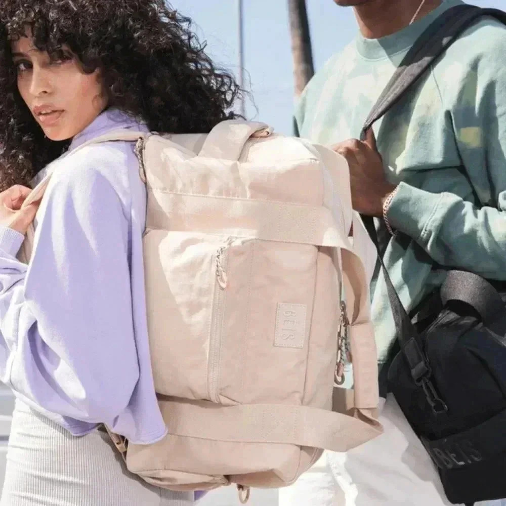 BEIS NWT Convertible Sport Duffle Backpack Bag in Beige